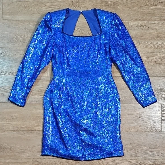 Vintage Sterling By Stone Ferris Blue Sequin Silk Open Back Coctail Party Dress - Picture 5 of 16
